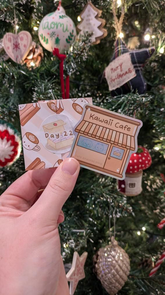 Kawaii Cafe Storefront Holographic Die Cut Sticker