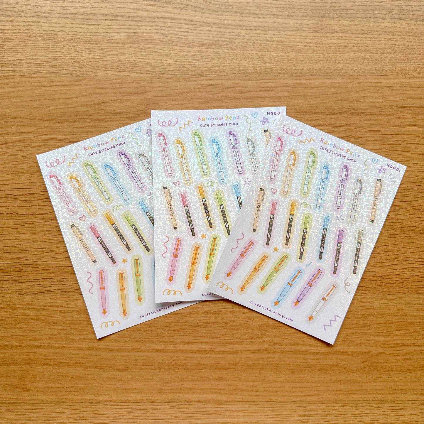 Cute Rainbow Pens - Glitter Sticker Sheet