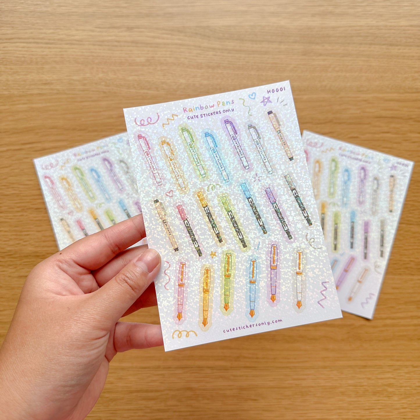 Cute Rainbow Pens - Glitter Sticker Sheet