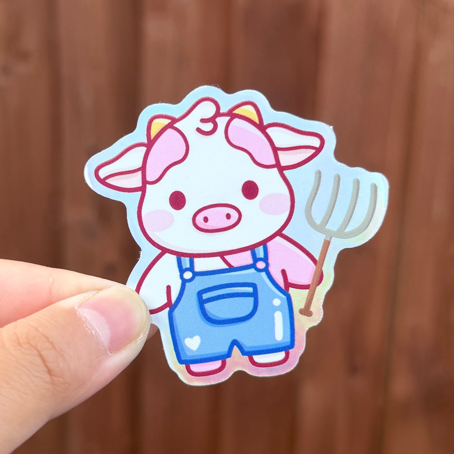 Strawberry Cow Farmer - Holographic Die Cut Sticker