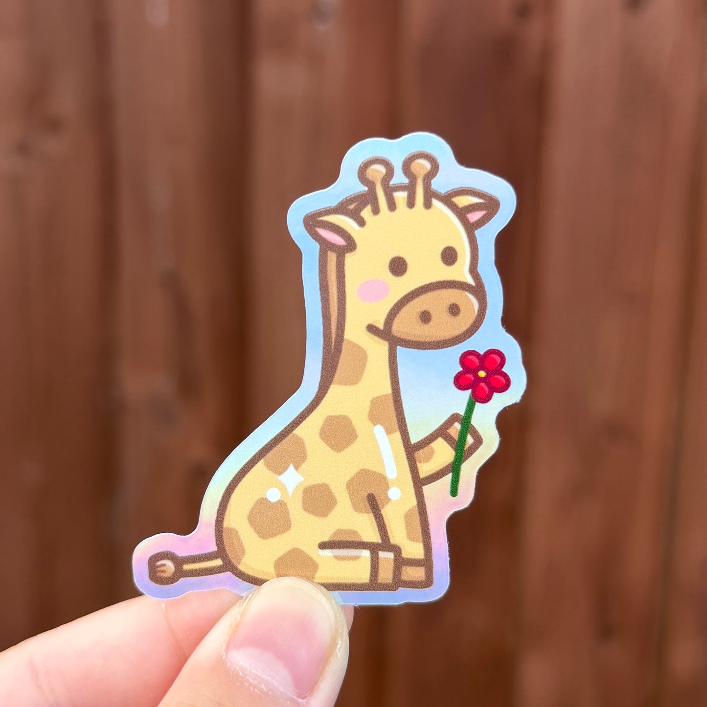 Giraffe with Flower - Holographic Die Cut Sticker