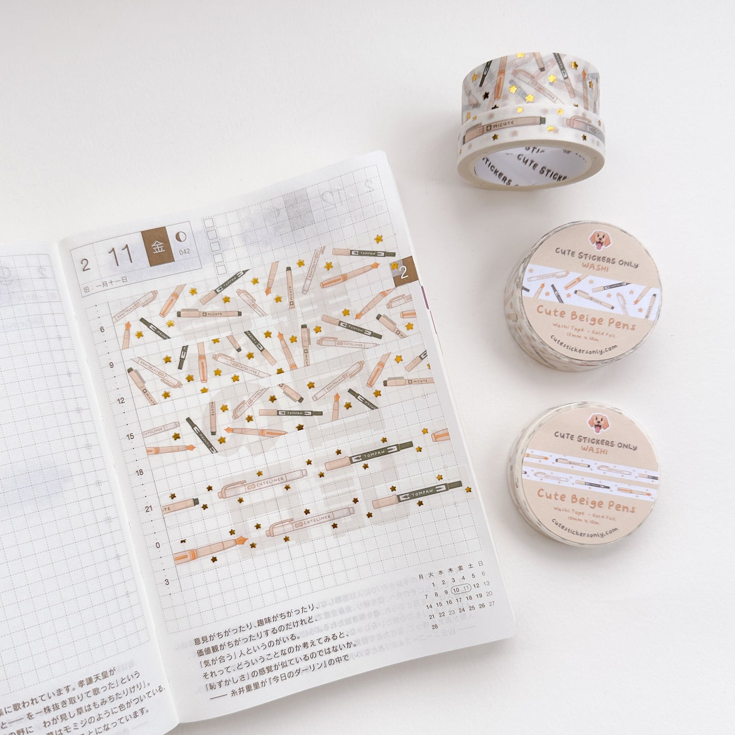Cute Rainbow Pens v2 Washi Tapes (Set of 15mm + 10mm) with Gold Foil