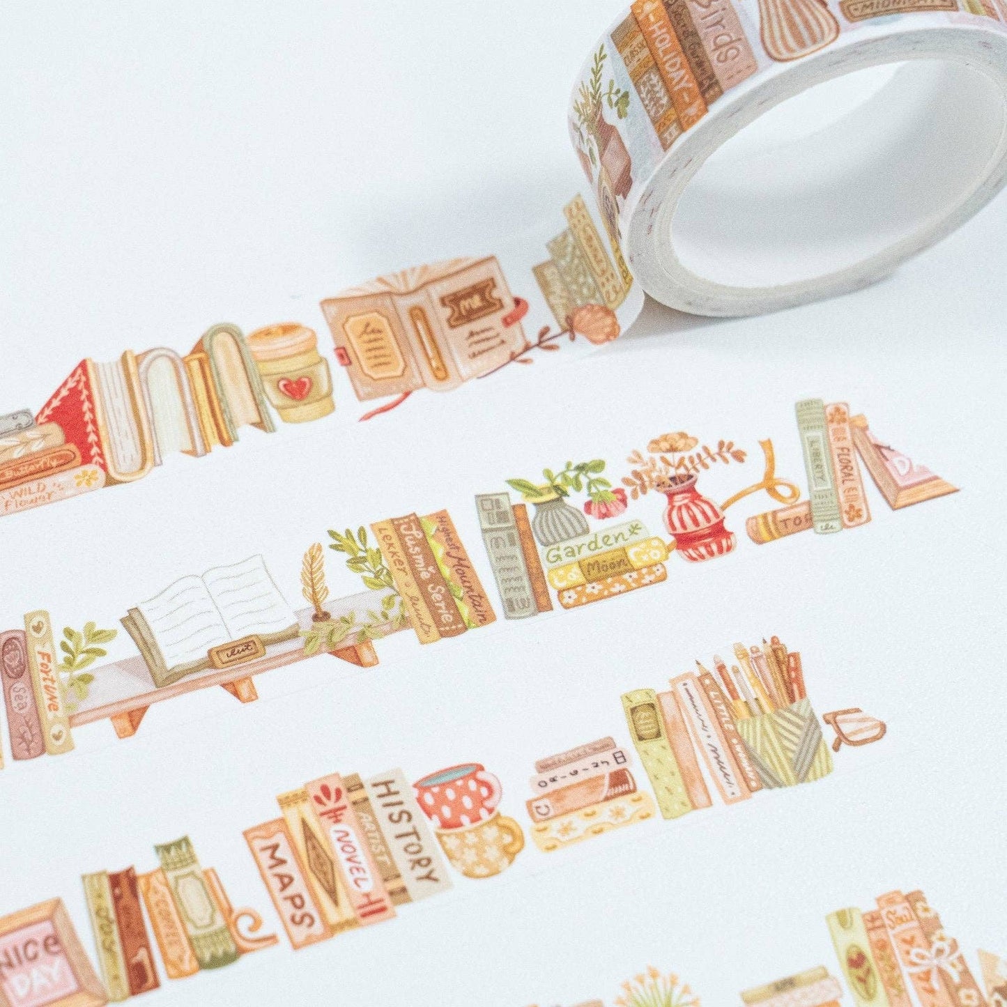 Book Washi Tape Set - Stamps + Endless Bookshelf 15mm Washi