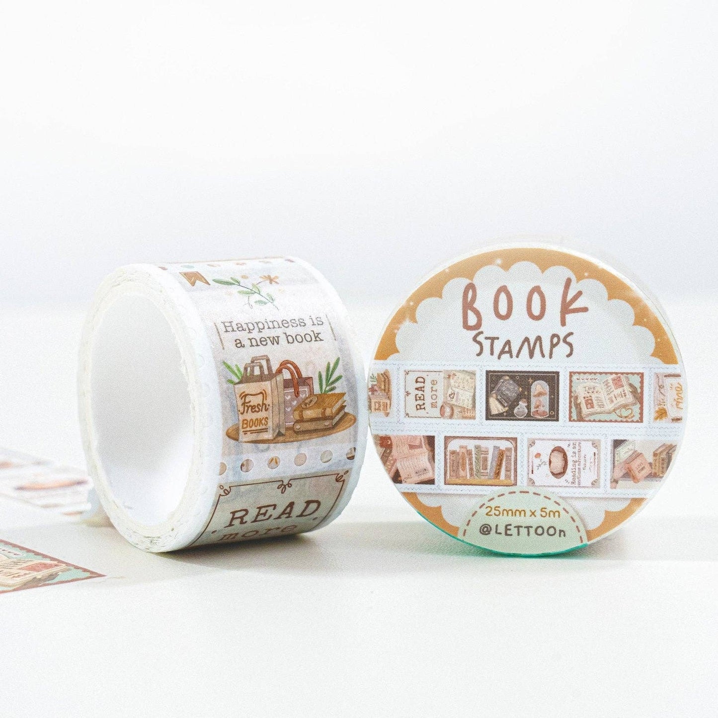 Book Washi Tape Set - Stamps + Endless Bookshelf 15mm Washi