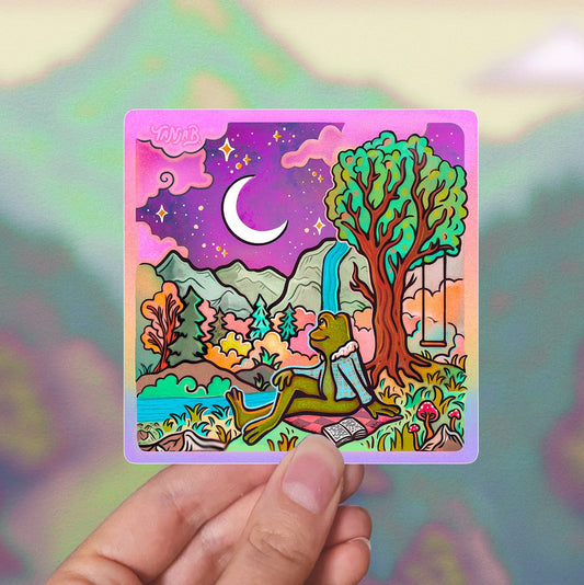 Moon Gazing Frog - Large Waterproof Sticker