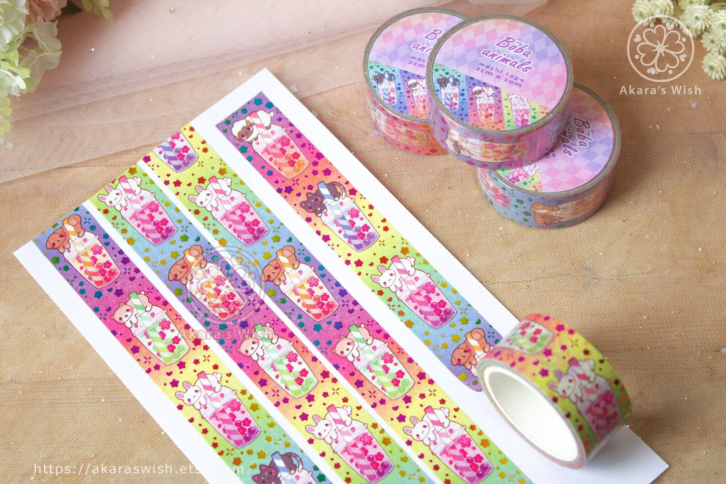Boba Animals 20mm Washi Tape with Rainbow Holographic Foil