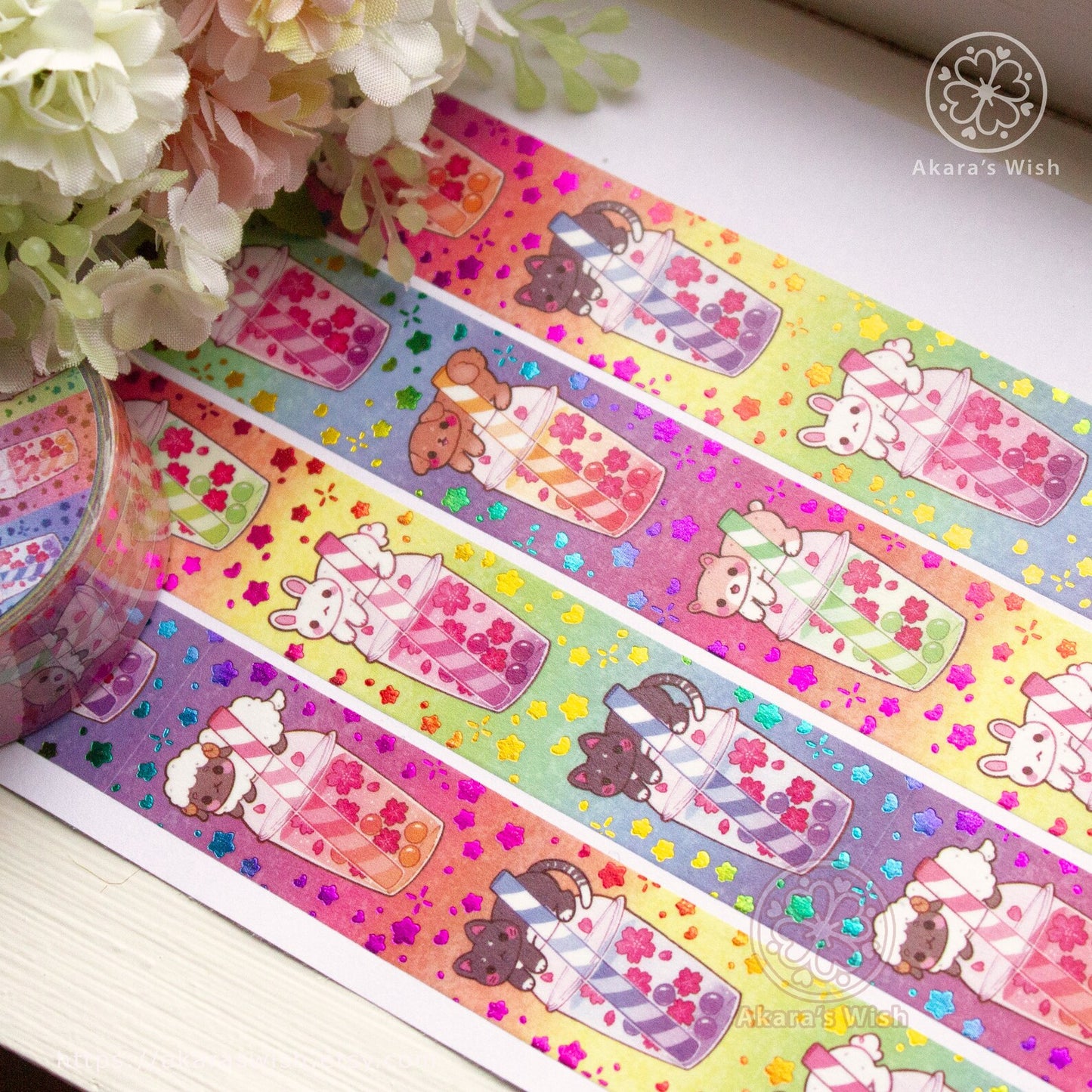 Boba Animals 20mm Washi Tape with Rainbow Holographic Foil