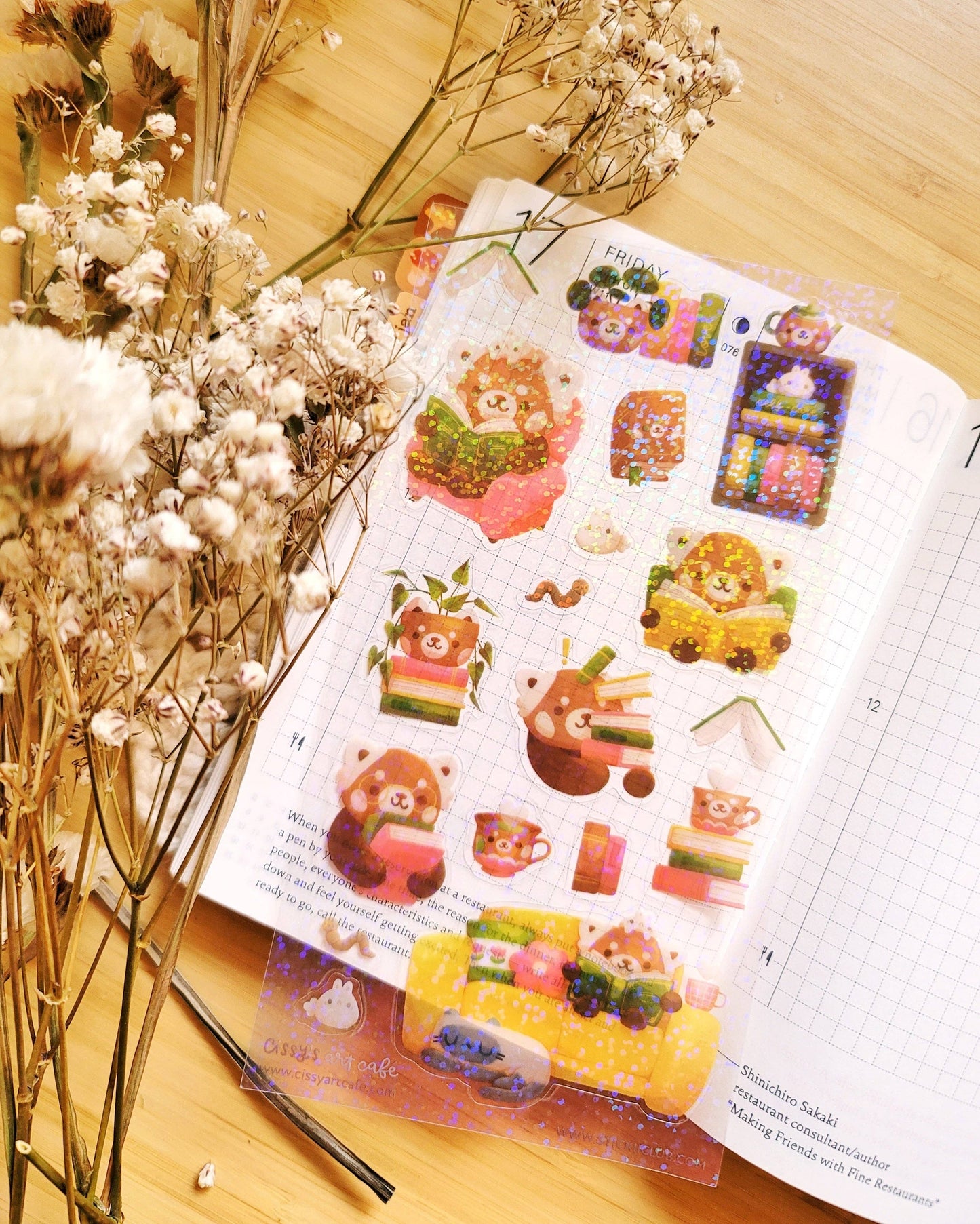 Red Panda Library - Stickii 2x Sticker Sheets (Holographic Clear Sticker Sheet & Washi Strips)