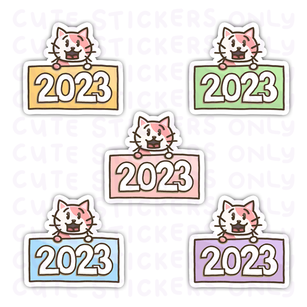 New Year 2023 Pastel Signs - Cake the Strawberry Cat Die Cut Stickers