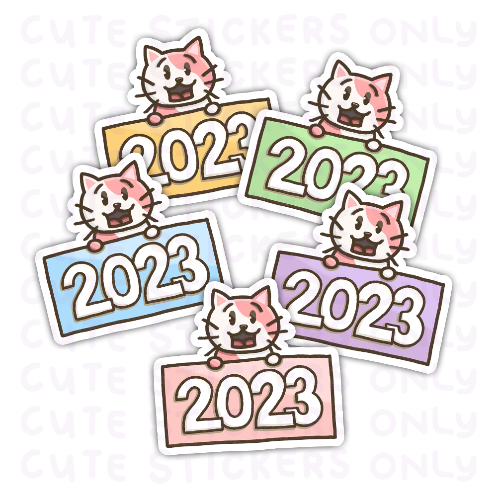 New Year 2023 Pastel Signs - Cake the Strawberry Cat Die Cut Stickers