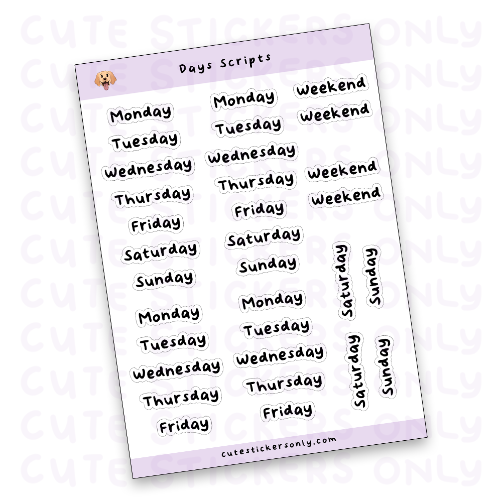 Days Scripts Sticker Sheet (Transparent)