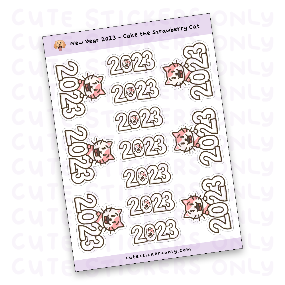 New Year 2023 - Cake the Strawberry Cat Sticker Sheet (Transparent)