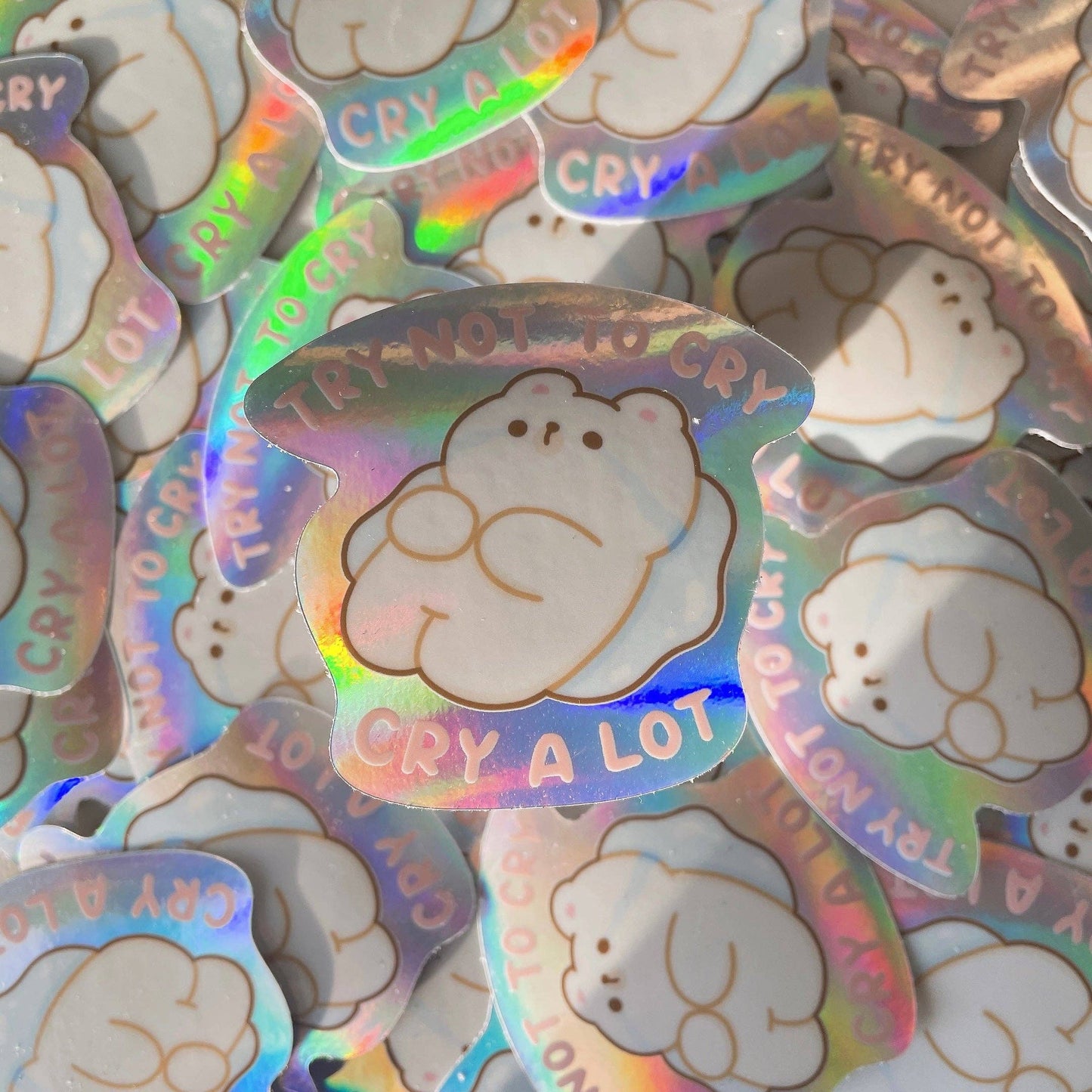 Try Not to Cry Bear Holographic Vinyl Sticker