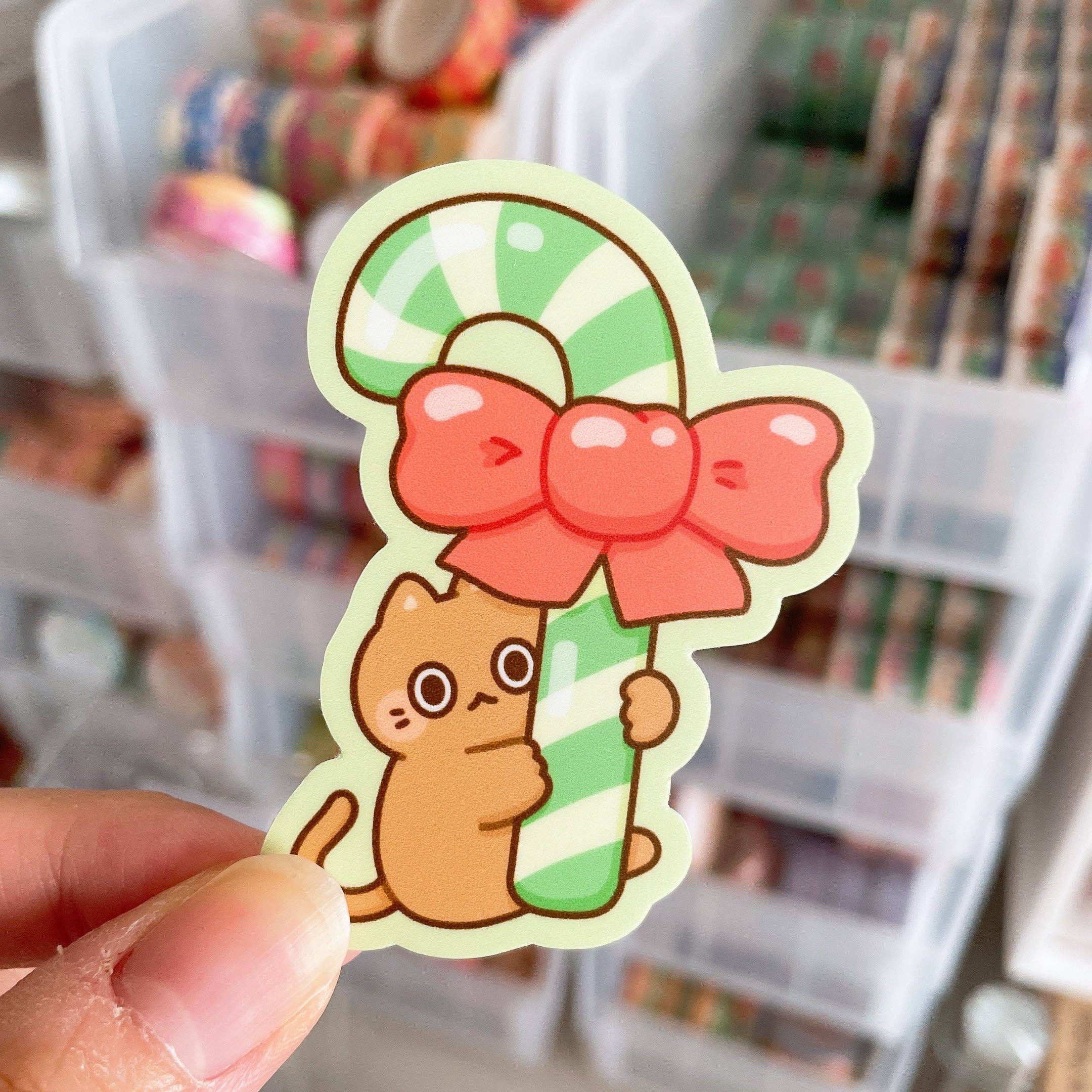 Cartoon Cane Sticker Candy Cane Cat Vinyl Sticker – Cute Stickers Only