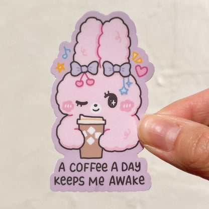 A Coffee a Day Keeps Me Awake Fluffy Bunny Vinyl Sticker