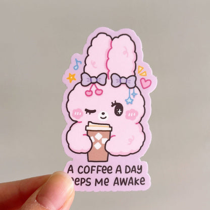 A Coffee a Day Keeps Me Awake Fluffy Bunny Vinyl Sticker