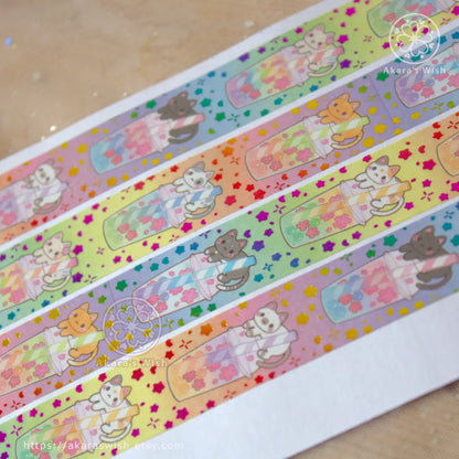 Boba Cats v2 20mm Washi Tape with Rainbow Holographic Foil