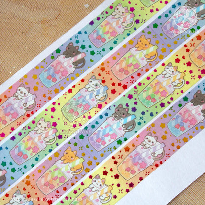 Boba Cats v2 20mm Washi Tape with Rainbow Holographic Foil