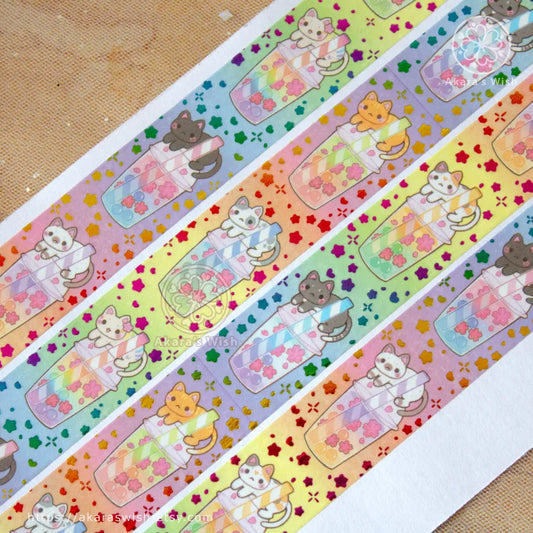 Boba Cats v2 20mm Washi Tape with Rainbow Holographic Foil