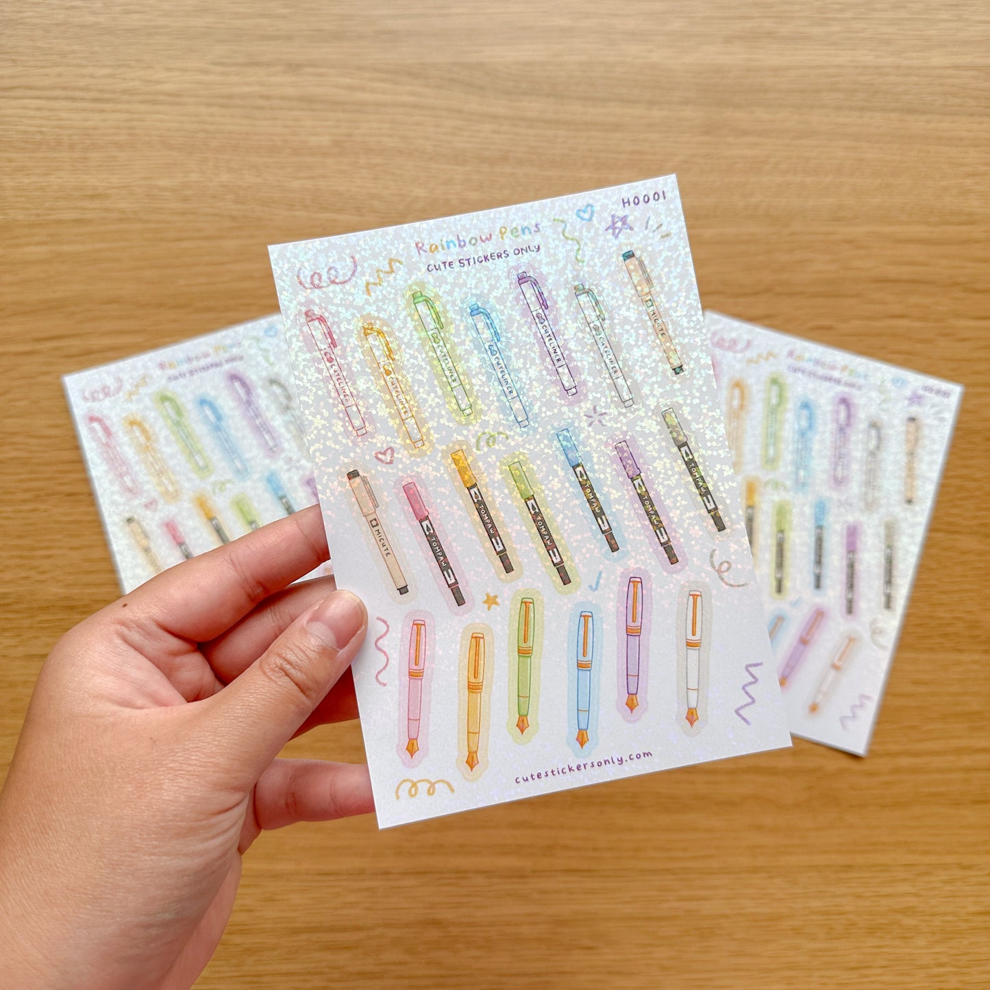 Cute Rainbow Pens - Glitter Sticker Sheet