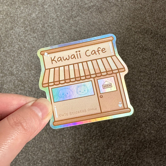 Kawaii Cafe Storefront Holographic Die Cut Sticker