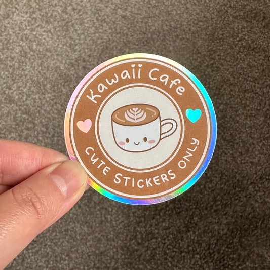 Kawaii Cafe Logo Holographic Die Cut Sticker