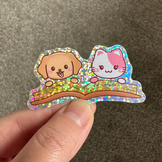 Joey & Cake on an Open Book Glitter Die Cut Sticker