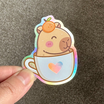 Capybara in a Cup Holographic Die Cut Sticker [Exclusive]