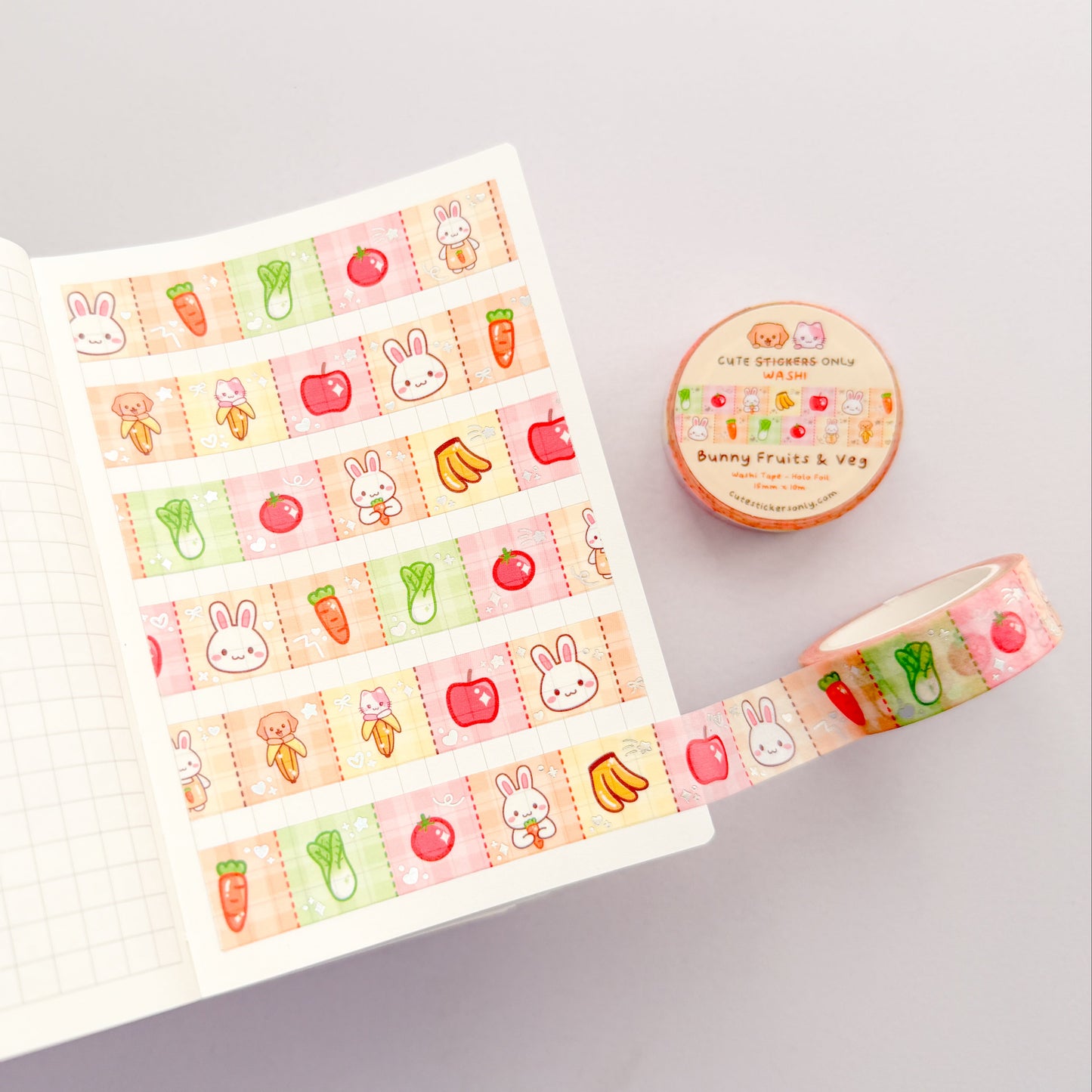 Bunny Fruits & Veg 15mm Washi Tape with Holographic Foil