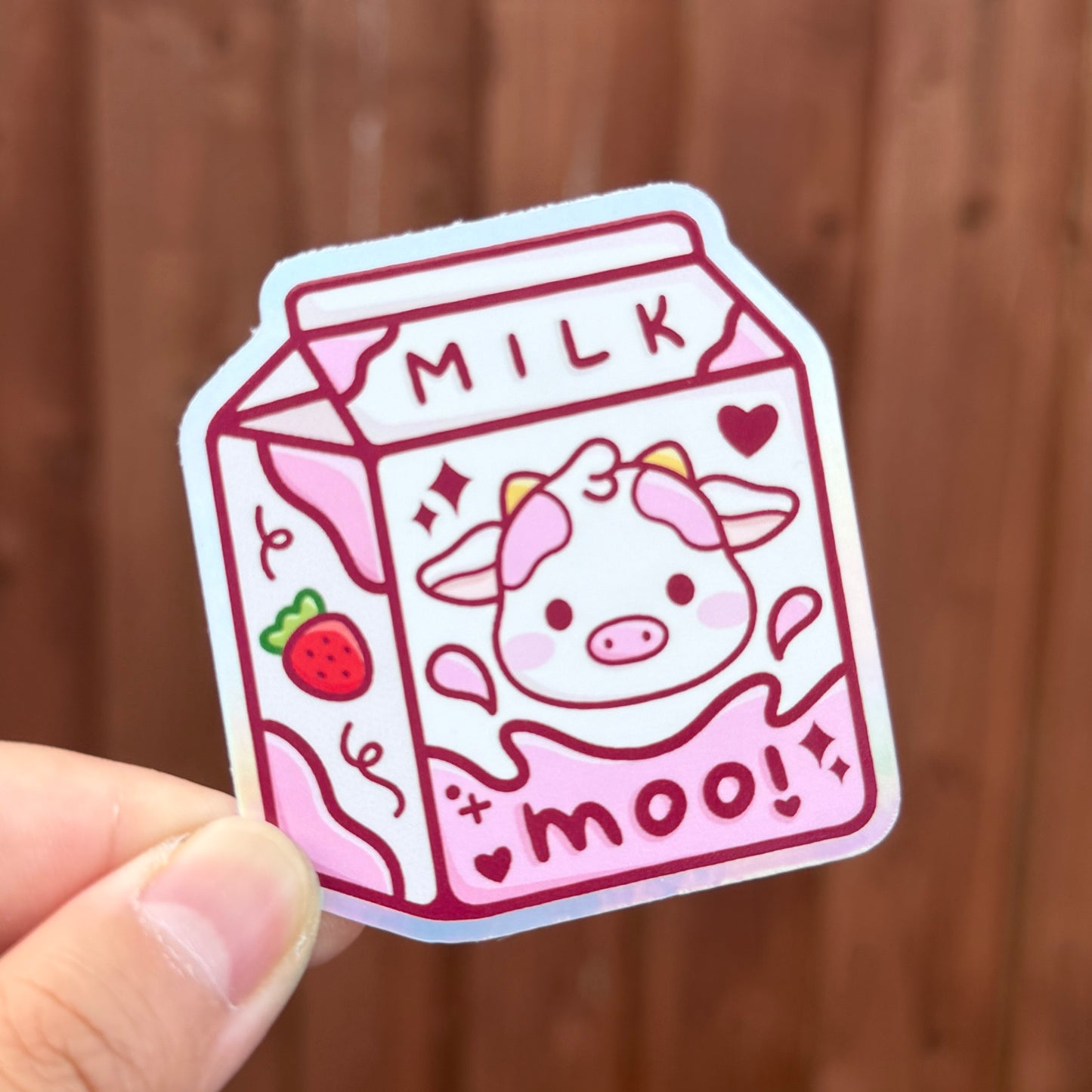 Strawberry Cow Milk Carton - Holographic Die Cut Sticker