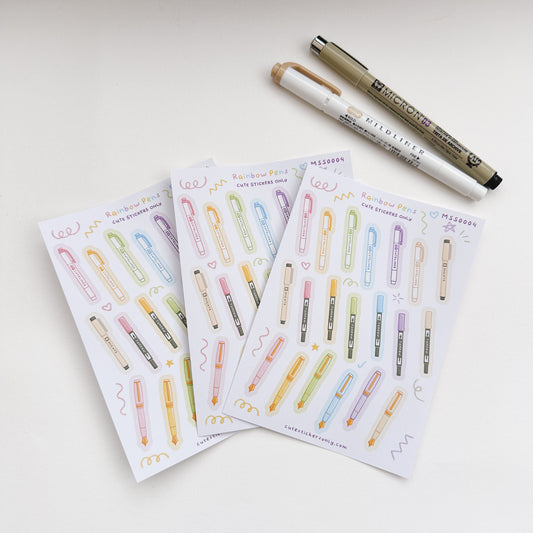 Cute Rainbow Pens (Large Pens) - Premium Sticker Sheet