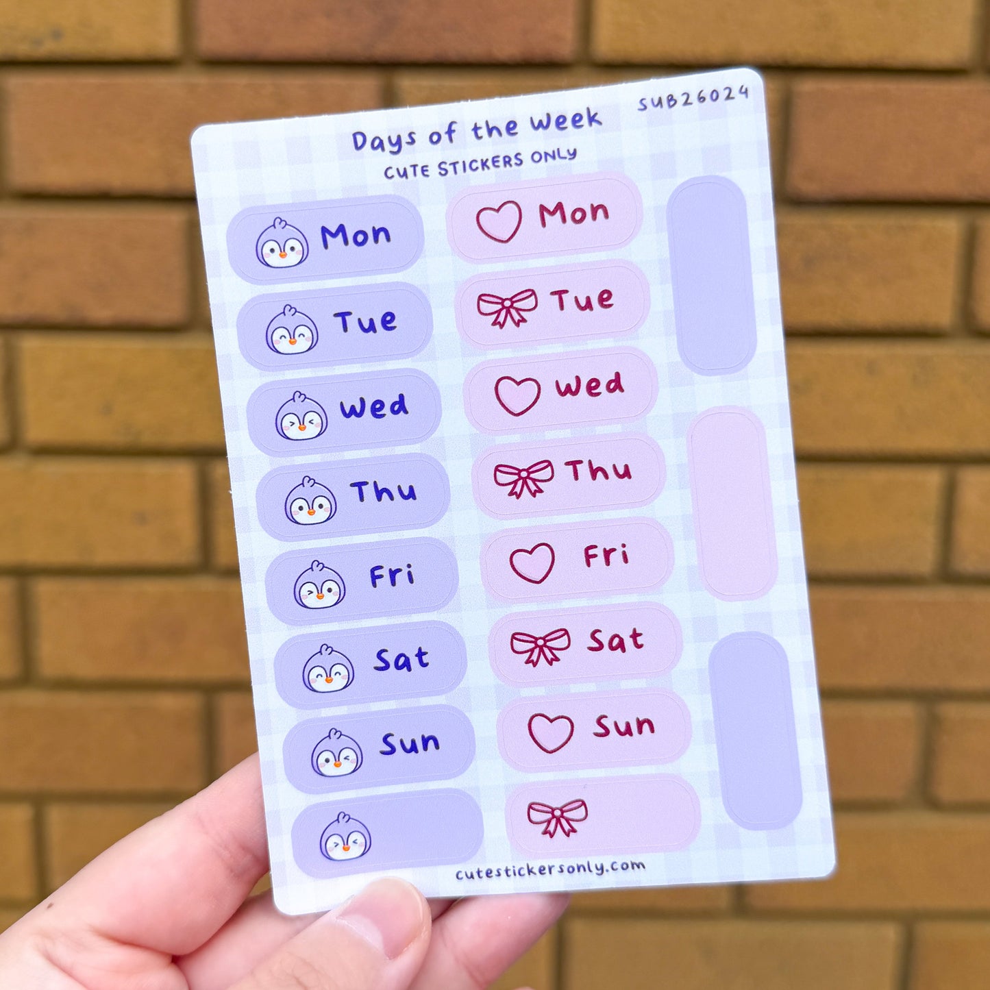 Penguin, Hearts and Bows Days of the Week - Sticker Sheet