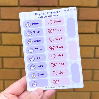Penguin, Hearts and Bows Days of the Week - Sticker Sheet