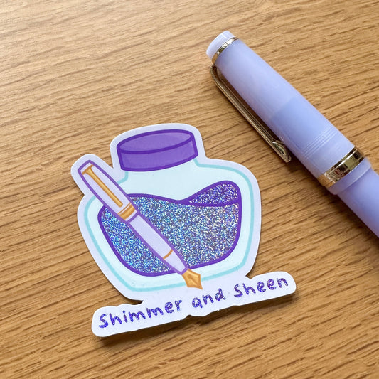 Shimmer and Sheen Purple Fountain Pen Ink Bottle - Premium Glitter Die Cut Sticker