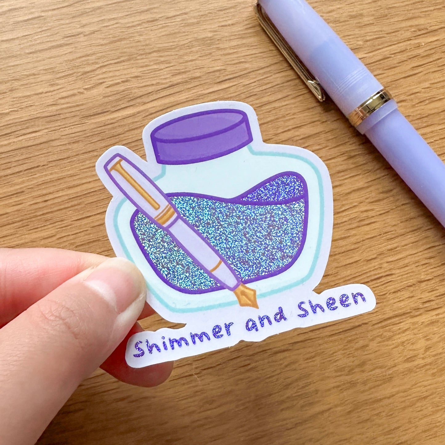 Shimmer and Sheen Purple Fountain Pen Ink Bottle - Premium Glitter Die Cut Sticker