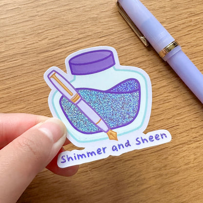 Shimmer and Sheen Purple Fountain Pen Ink Bottle - Premium Glitter Die Cut Sticker