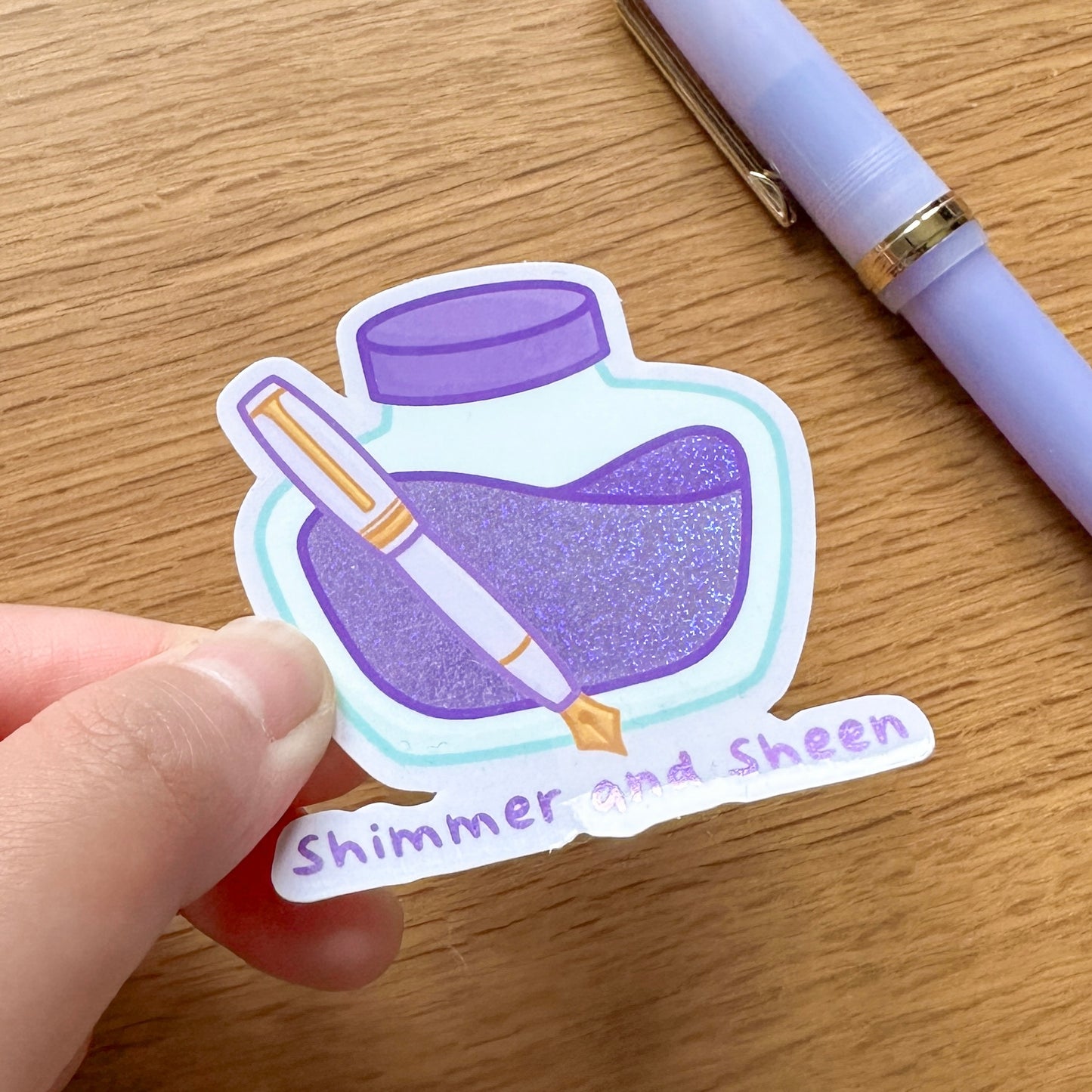 Shimmer and Sheen Purple Fountain Pen Ink Bottle - Premium Glitter Die Cut Sticker