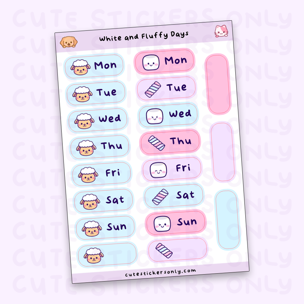 White and Fluffy Days of the Week - Sticker Sheet