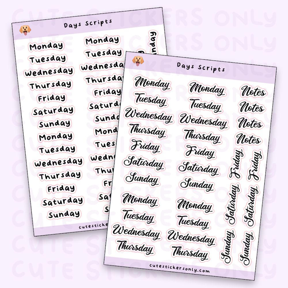 Days Scripts Sticker Sheet (Transparent) – Cute Stickers Only
