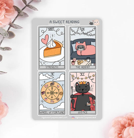 A Sweet Reading - Cat Tarot Cards Waterproof Sticker Sheet