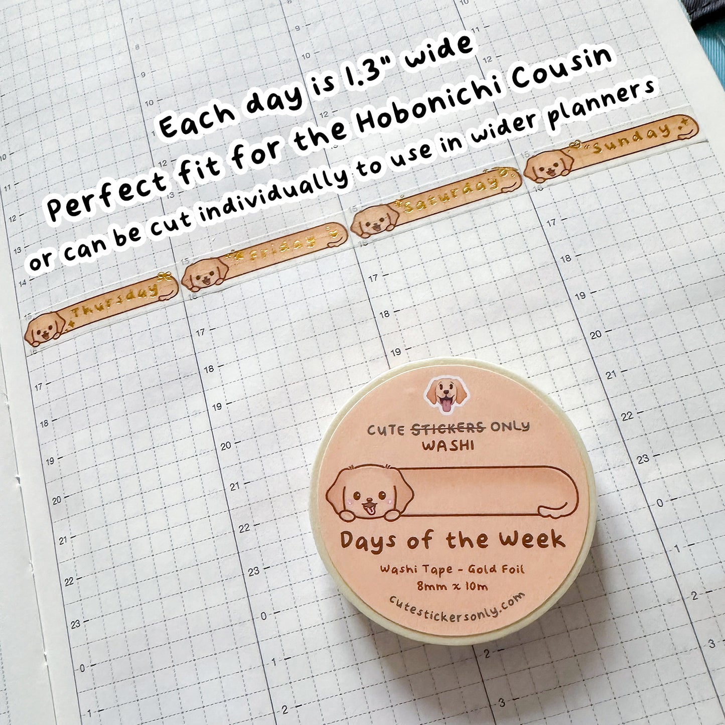 Joey & Cake Days of the Week 8mm Washi Tape with Gold Foil