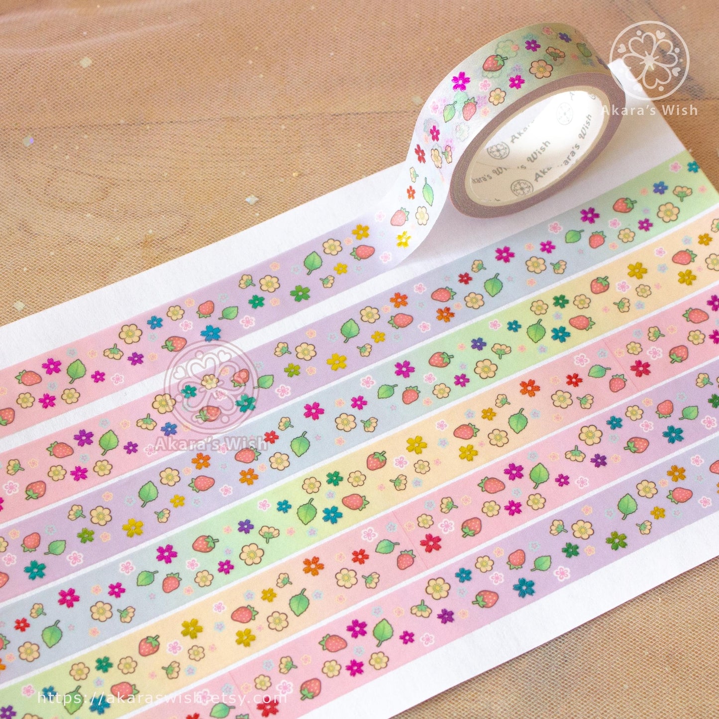 Strawberry Sakura Washi Tape with Rainbow Foil