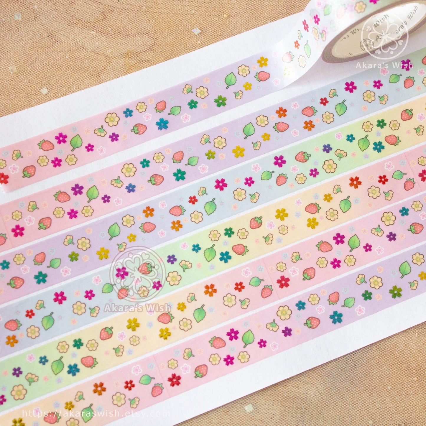 Strawberry Sakura Washi Tape with Rainbow Foil