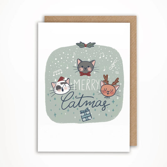 Merry Catmas - Green Cat Choir Christmas Card
