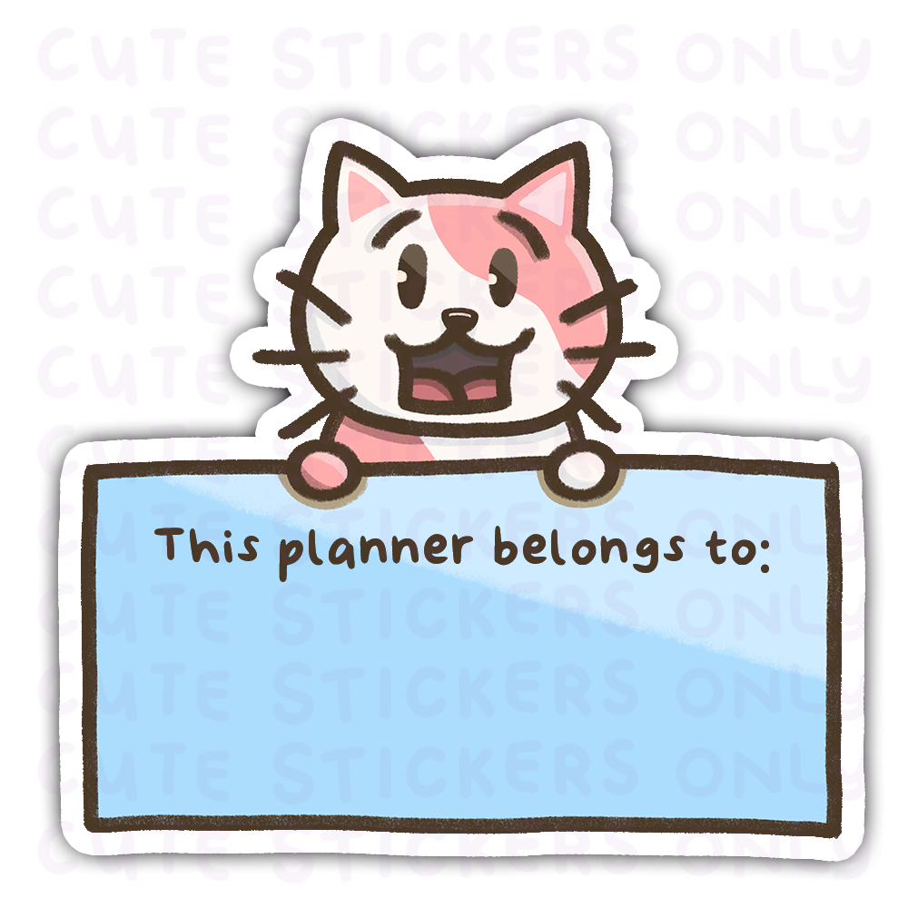 This Planner Belongs To - Cake the Strawberry Cat Die Cut Stickers (Personalised)