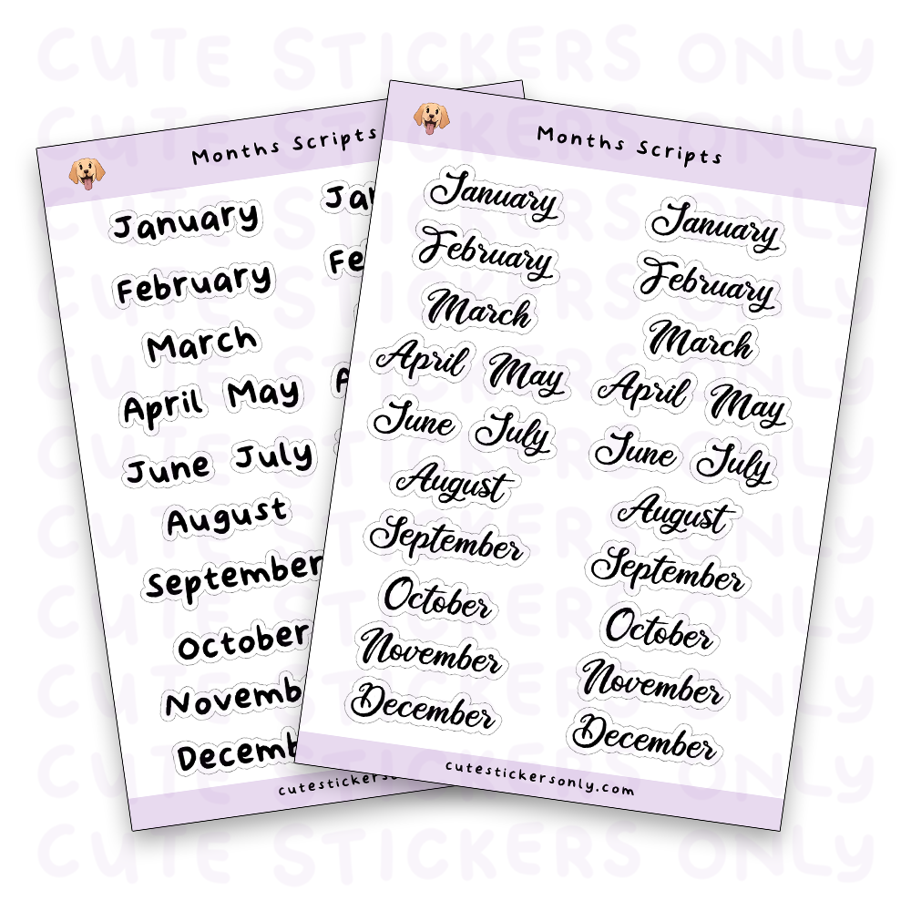 Month Script Circle Months Scripts Sticker Sheet (Transparent) – Cute Stickers Only