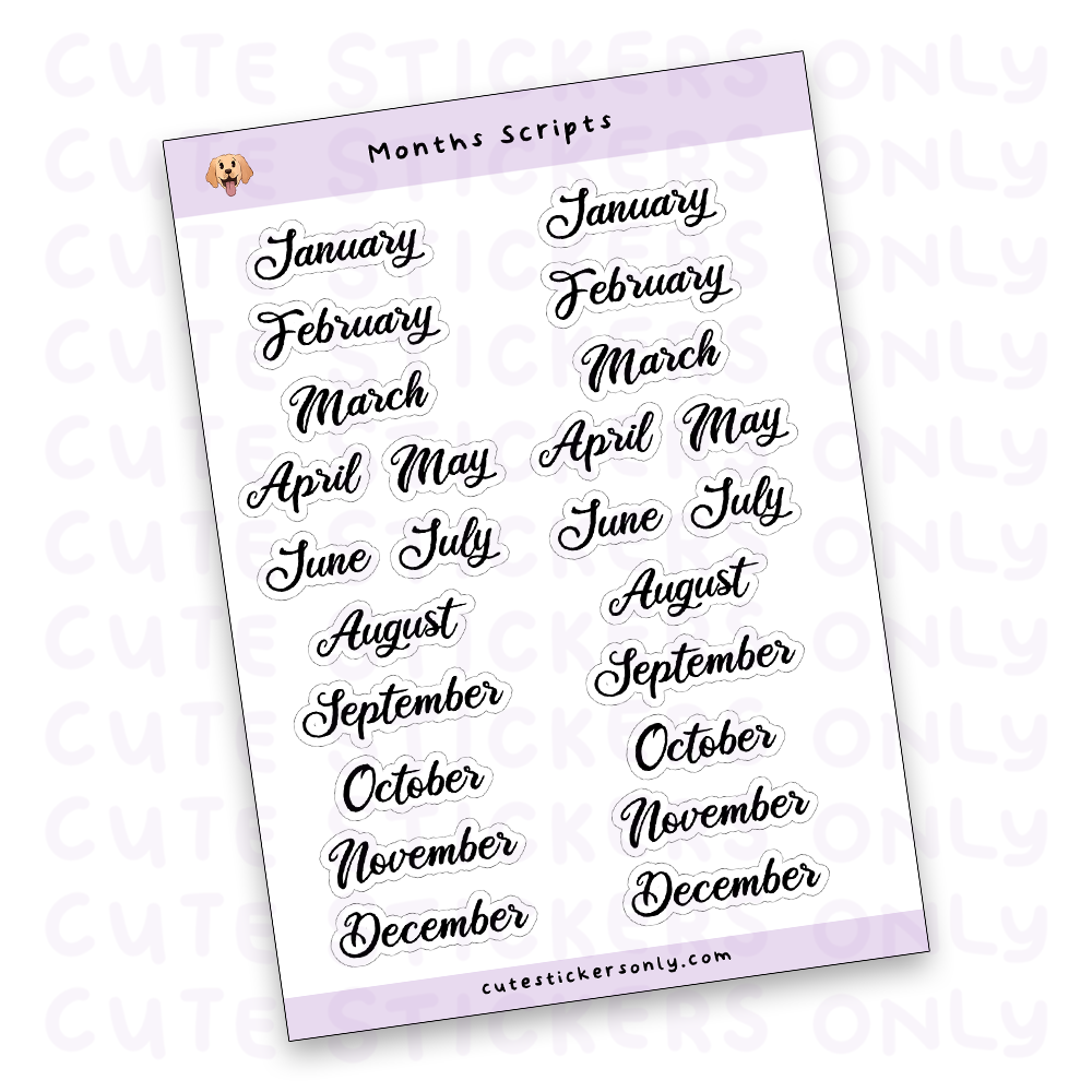 Months Scripts Sticker Sheet (Transparent) – Cute Stickers Only