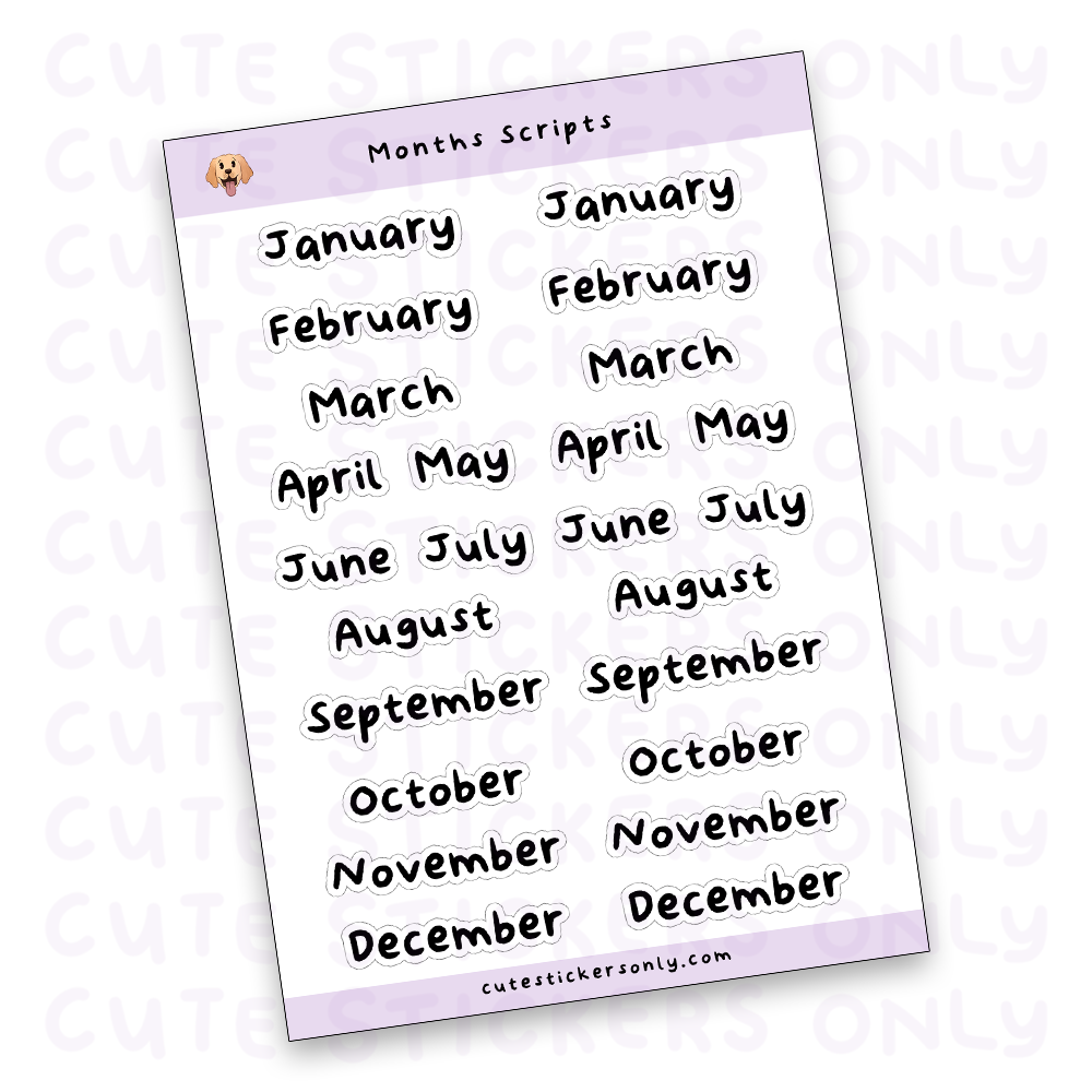 Months Scripts Sticker Sheet (Transparent) – Cute Stickers Only