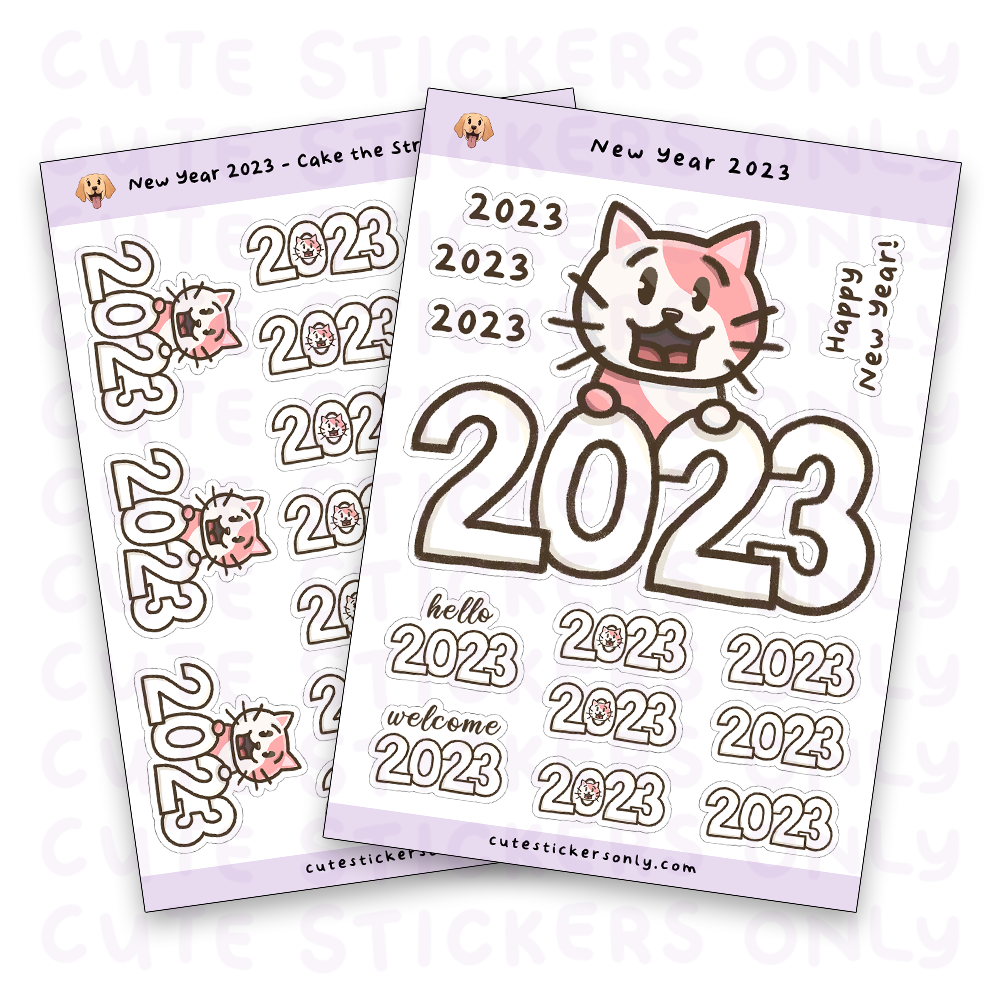 New Year 2023 - Cake the Strawberry Cat Sticker Sheet (Transparent)