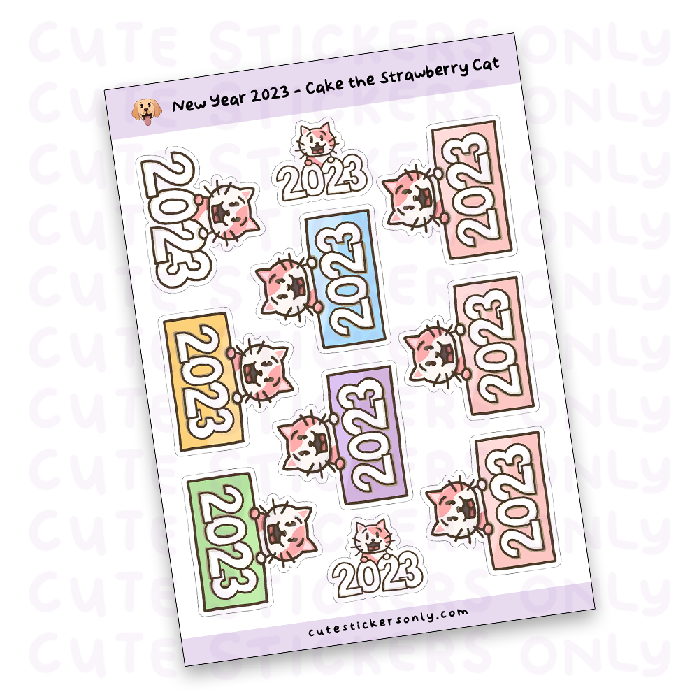 New Year 2023 Pastel Signs - Cake the Strawberry Cat Sticker Sheet